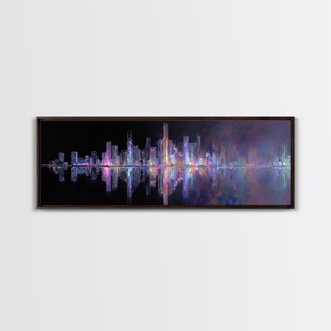 Neon Skyline Reflected Canvas Print, Cyberpunk Art, Modern Decor, Living Room Decor, Abstract Art, Neon, Poster, Wall Decor, CYB-3x1-14
