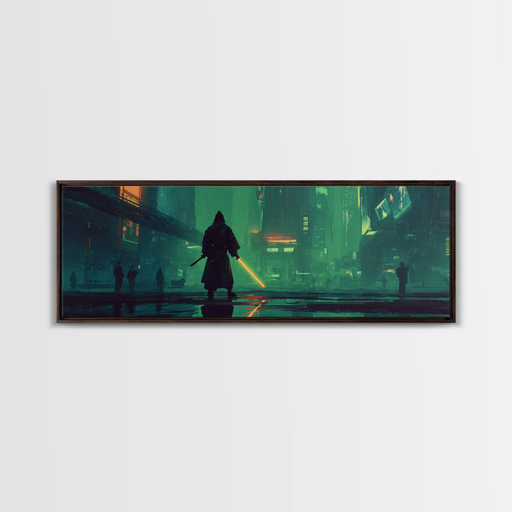 Neon Samurai Portrait Framed Canvas Print, Cyberpunk Art, Space Art, Living Room Decor, Oil Painting, Neon, Cyberpunk Wall Art, CYB-3x1-17