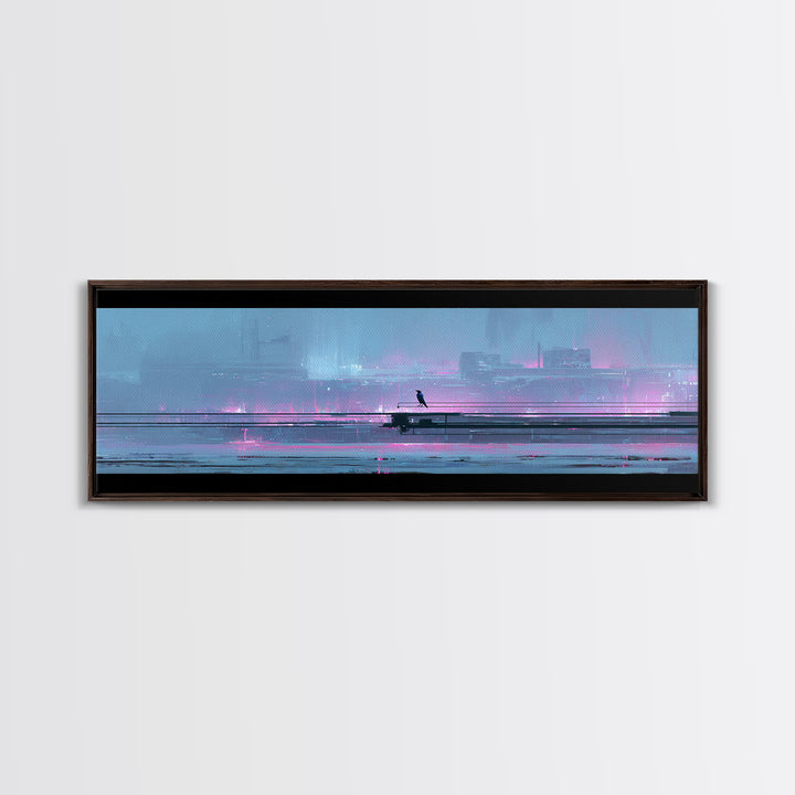 Cybernetic Raven Perched on a Cable Framed Canvas Print, Cyberpunk Art, Textured Painting, Living Room Decor, Fine Art, Neon, CYB-3x1-27