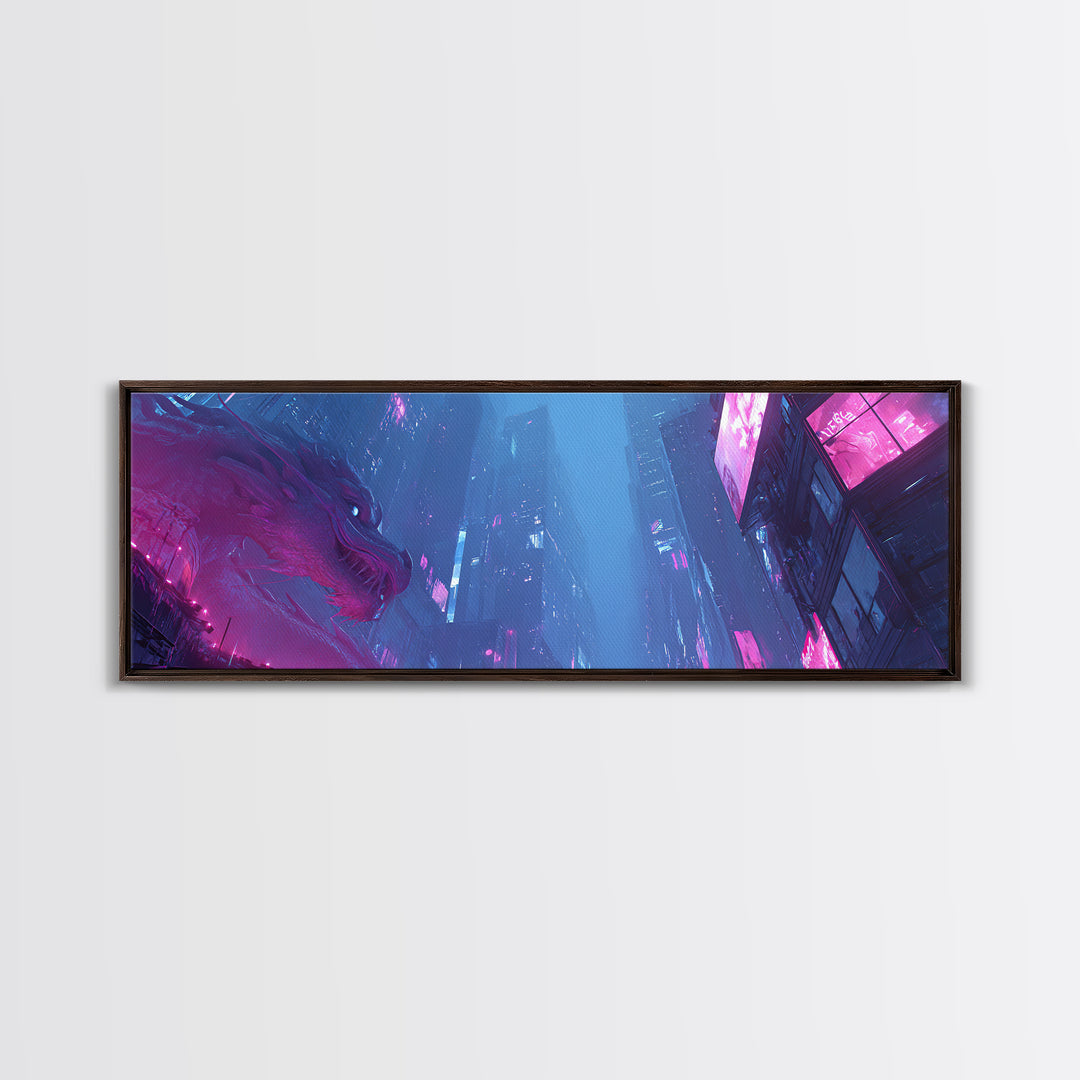 Neon Dragon Wrapped Around Skyscraper Shapes Canvas Print, Cyberpunk Art, Art Print, Living Room Decor, Abstract Art, Neon, CYB-3x1-30