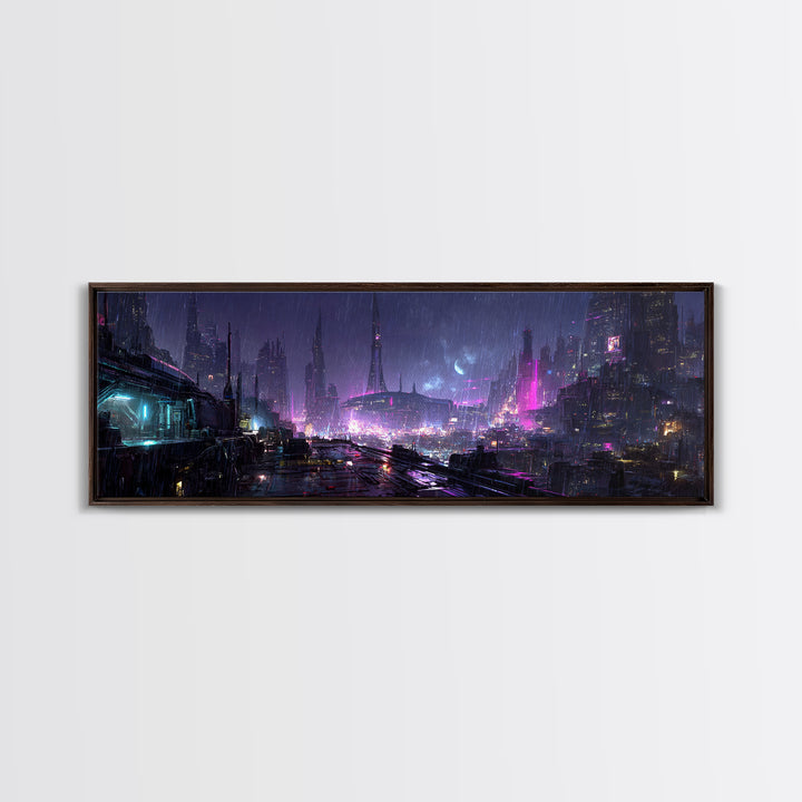 Dystopian Moon over Dense Rooftops Canvas Print, Cyberpunk Art, Canvas Wall Art, Living Room Decor, Abstract Art, Neon, CYB-3x1-34