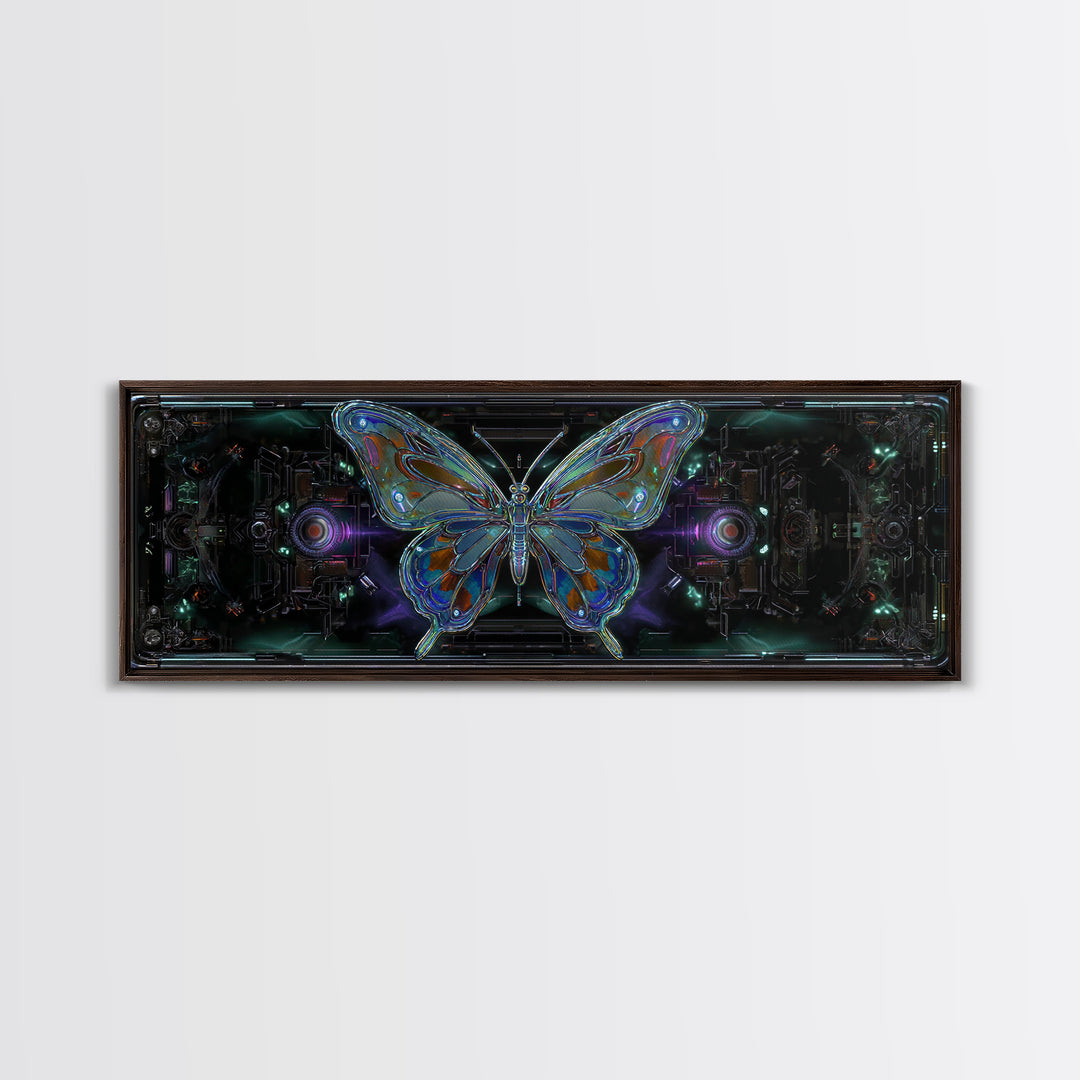 Holographic Butterfly over Black Metal Surface Canvas Print, Cyberpunk Art, Minimalist Decor, Living Room Decor, Fine Art, Neon, CYB-3x1-35