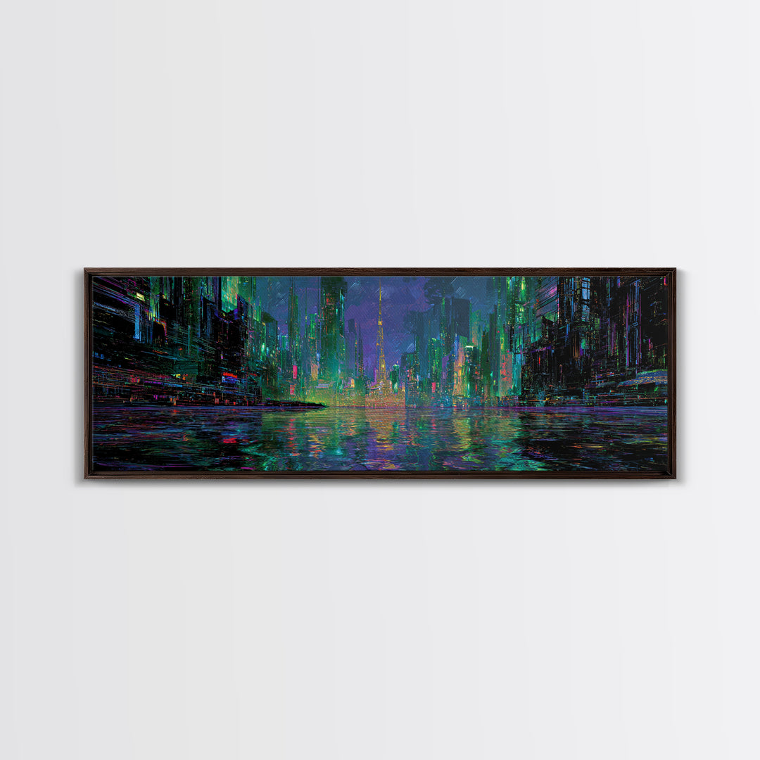 Neon Skyline Reflected Canvas Print, Cyberpunk Art, Abstract Art, Living Room Decor, Neon, Urban Wall Art, Cyberpunk Helmet, CYB-3x1-38