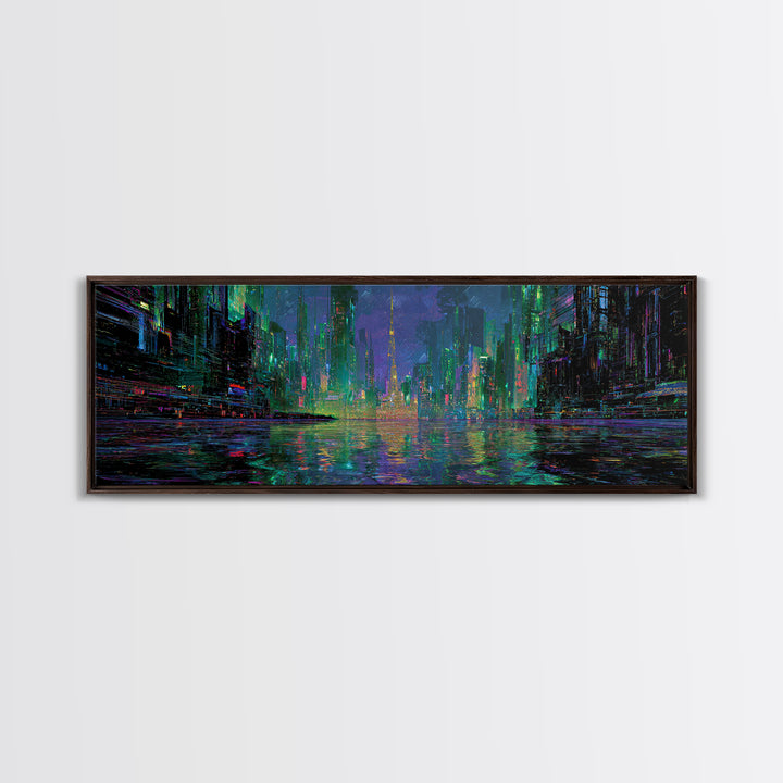 Neon Skyline Reflected Canvas Print, Cyberpunk Art, Abstract Art, Living Room Decor, Neon, Urban Wall Art, Cyberpunk Helmet, CYB-3x1-38