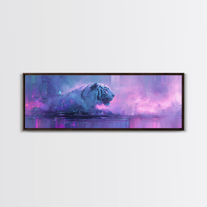 Neon Tiger Emerging from Digital Fog Canvas Print, Cyberpunk Art, Cyberpunk Helmet, Living Room Decor, Abstract Art, Neon, CYB-3x1-49