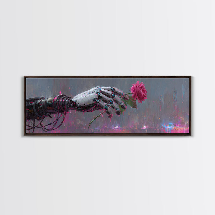 Robotic Hand Holding a Real Rose Framed Canvas Print, Cyberpunk Art, Minimalist Decor, Living Room Decor, Fine Art, Neon, CYB-3x1-56