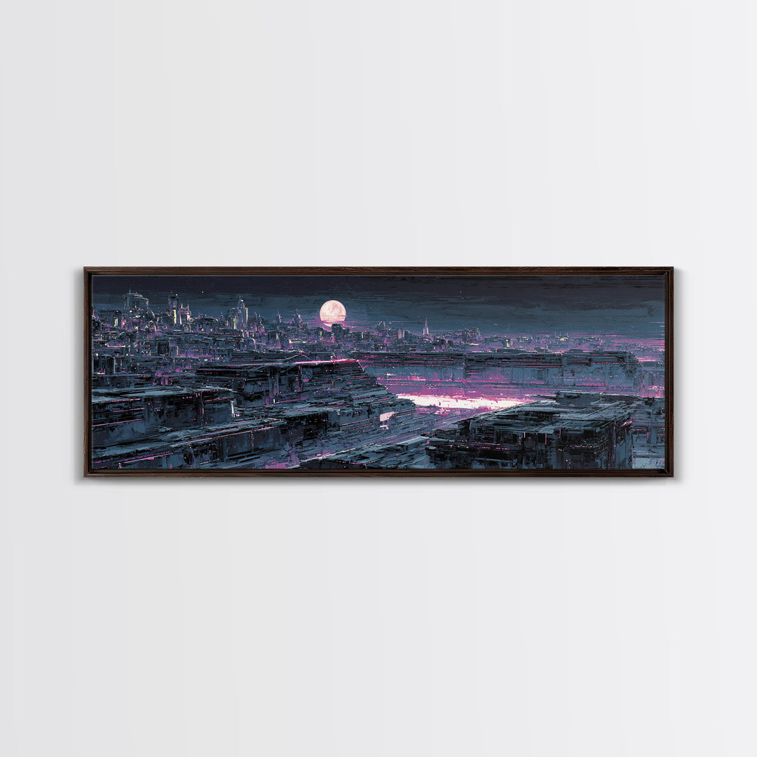 Dystopian Moon over Dense Rooftops Framed Canvas Print, Cyberpunk Art, Blue Wall Art, Living Room Decor, Fine Art, Neon, CYB-3x1-58