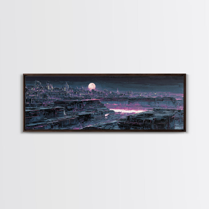 Dystopian Moon over Dense Rooftops Framed Canvas Print, Cyberpunk Art, Blue Wall Art, Living Room Decor, Fine Art, Neon, CYB-3x1-58