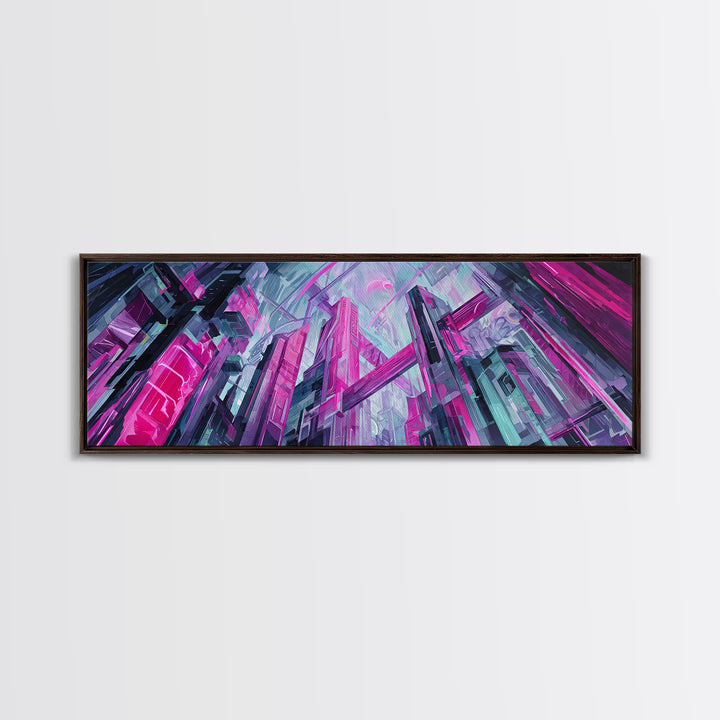 Neon Dragon Wrapped Around Skyscraper Shapes Canvas Print, Cyberpunk Art, Urban Wall Art, Living Room Decor, Abstract Art, Neon, CYB-3x1-6