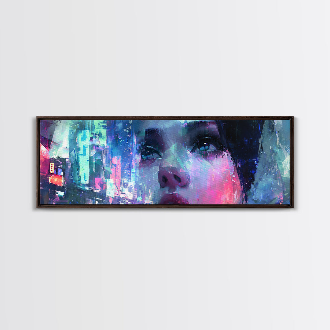 Ai Mask Portrait Framed Canvas Print, Cyberpunk Art, Luxury Decor, Living Room Decor, Fine Art, Neon, Printable Wall Art, CYB-3x1-64