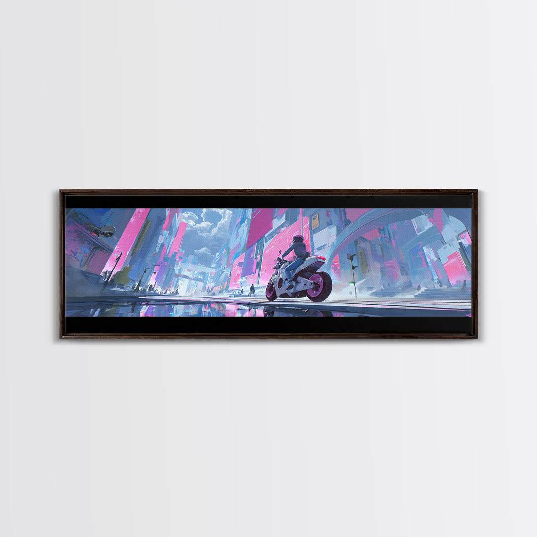 Motorcycle Rider under Holographic Signs Framed Canvas Print, Cyberpunk Art, Home Decor, Living Room Decor, Fine Art, Neon, CYB-3x1-68