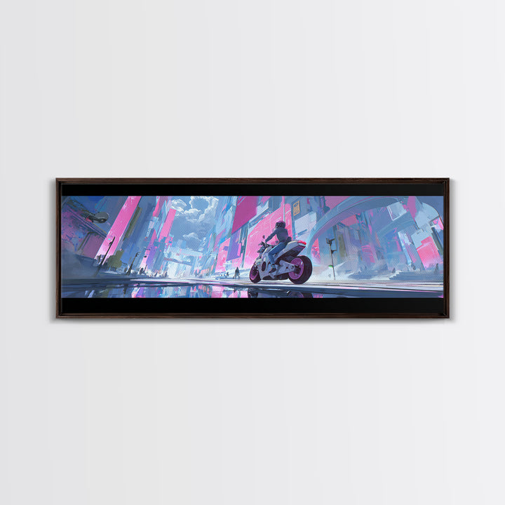 Motorcycle Rider under Holographic Signs Framed Canvas Print, Cyberpunk Art, Home Decor, Living Room Decor, Fine Art, Neon, CYB-3x1-68