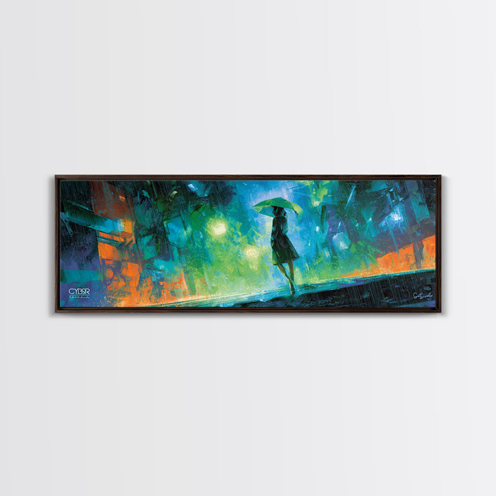 Glowing Umbrella Figure Framed Canvas Print, Cyberpunk Art, Statement Artwork, Living Room Decor, Fine Art, Neon, Art Print, CYB-3x1-7