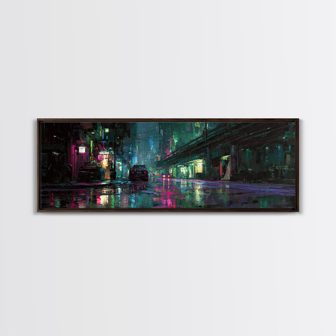Rain Soaked Alley Framed Canvas Print, Cyberpunk Art, Poster, Living Room Decor, Fine Art, Neon, Modern Wall Art, Japanese Art, CYB-3x1-72