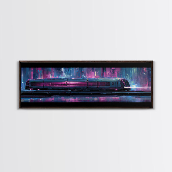City Train Rushing Through Pink Electric Haze Framed Canvas Print, Cyberpunk Art, Minimalist Poster, Living Room Decor, Neon, CYB-3x1-77