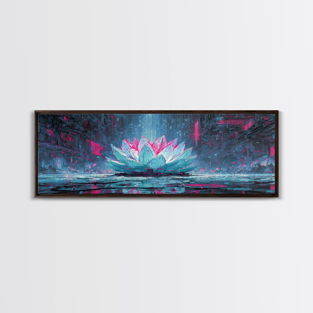 Electric Lotus Flower Framed Canvas Print, Cyberpunk Art, Cyberpunk Tarot, Living Room Decor, Watercolor Art, Neon, CYB-3x1-81