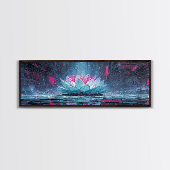 Electric Lotus Flower Framed Canvas Print, Cyberpunk Art, Cyberpunk Tarot, Living Room Decor, Watercolor Art, Neon, CYB-3x1-81