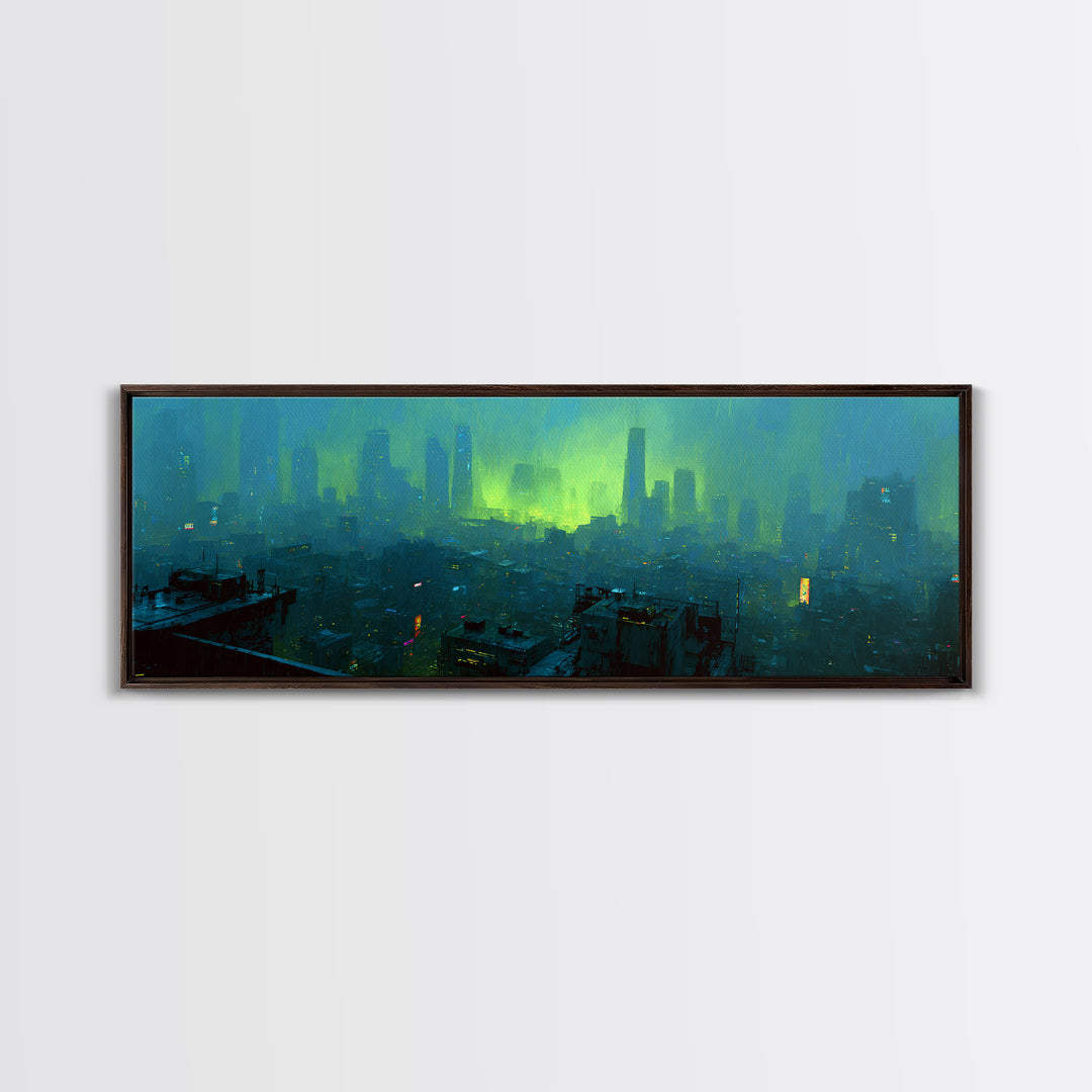 Dystopian Moon over Dense Rooftops Framed Canvas Print, Cyberpunk Art, Blue Wall Art, Living Room Decor, Fine Art, Neon, CYB-3x1-82