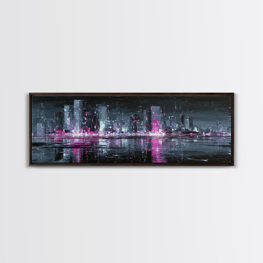 Neon Skyline Reflected Canvas Print, Cyberpunk Art, Japanese Art, Living Room Decor, Abstract Art, Neon, Cyberpunk Tarot, CYB-3x1-86