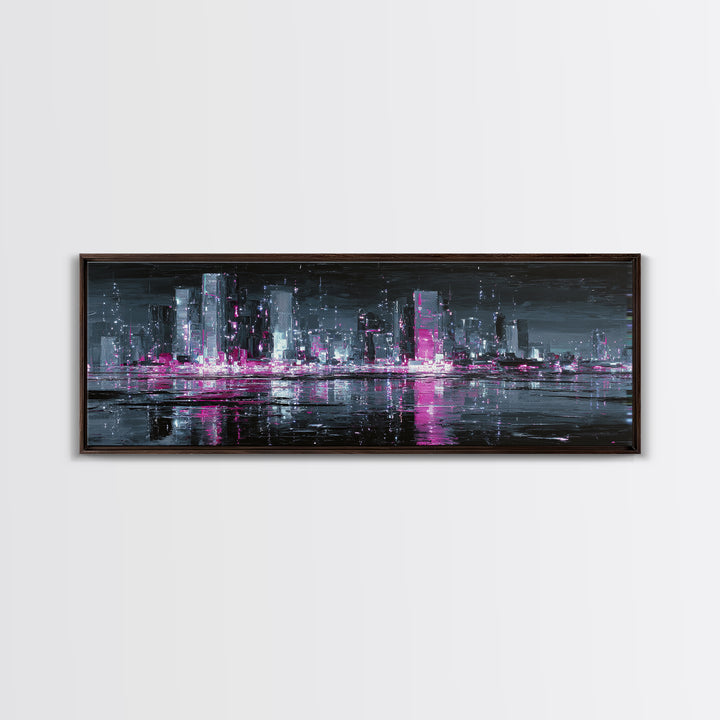 Neon Skyline Reflected Canvas Print, Cyberpunk Art, Japanese Art, Living Room Decor, Abstract Art, Neon, Cyberpunk Tarot, CYB-3x1-86