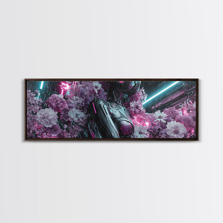 Android Woman with Glowing Circuitry and Flowers Canvas Print, Cyberpunk Art, Digital Art, Living Room Decor, Fine Art, Neon, CYB-3x1-91