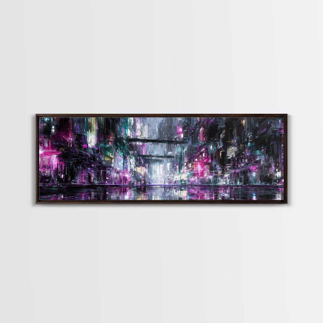 Rain Soaked Alley Canvas Print, Cyberpunk Art, Textured Painting, Living Room Decor, Abstract Art, Neon, Digital Wall Art, CYB-3x1-96