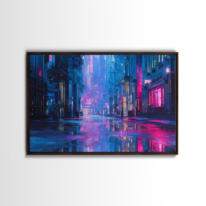 Rain Soaked Alley Canvas Print, Cyberpunk Art, Digital Art Print, Living Room Decor, Fine Art, Neon, Statement Artwork, CYB-3x2-12