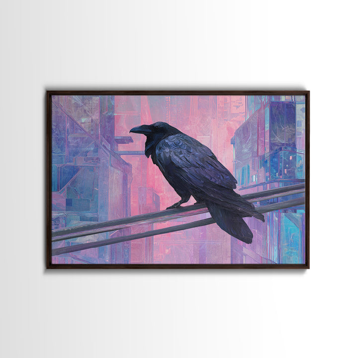 Cybernetic Raven Perched on a Cable Framed Canvas Print, Cyberpunk Art, Digital Download Art, Living Room Decor, Fine Art, Neon, CYB-3x2-15