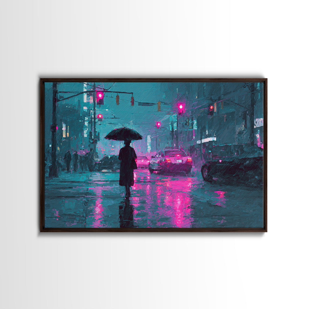 Glowing Umbrella Figure Framed Canvas Print, Cyberpunk Art, Statement Artwork, Living Room Decor, Fine Art, Neon, Art Print, CYB-3x2-19