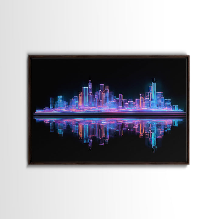 Neon Skyline Reflected Framed Canvas Print, Cyberpunk Art, Gothic Decor, Living Room Decor, Abstract Art, Neon, CYB-3x2-2
