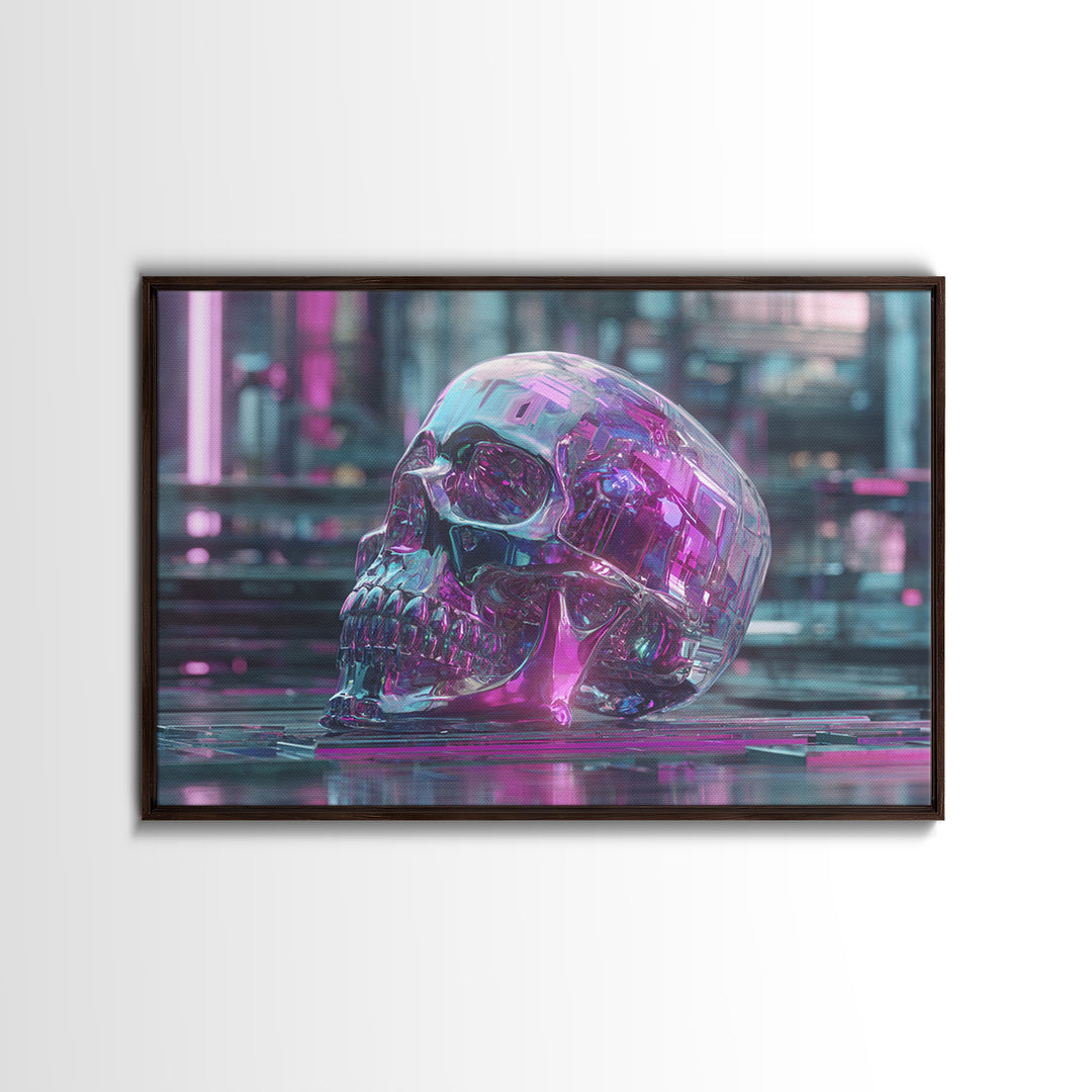 Cyberpunk Skull with Chrome and Violet Light Framed Canvas Print, Cyberpunk Art, Urban Wall Art, Living Room Decor, Neon, CYB-3x2-24