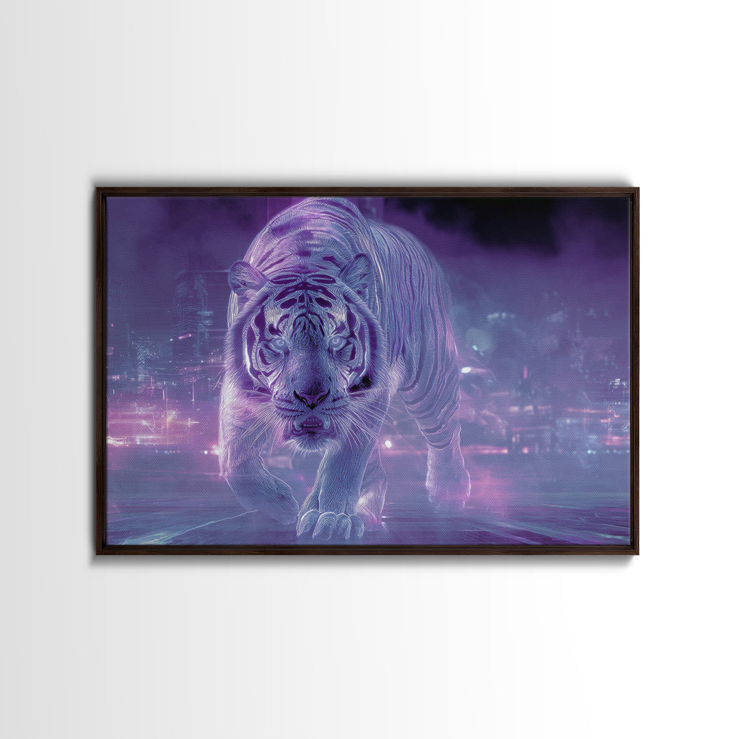 Neon Tiger Emerging from Digital Fog Canvas Print, Cyberpunk Art, Fantasy Art, Living Room Decor, Oil Painting, Neon, CYB-3x2-37