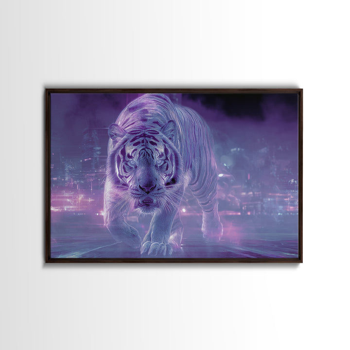 Neon Tiger Emerging from Digital Fog Canvas Print, Cyberpunk Art, Fantasy Art, Living Room Decor, Oil Painting, Neon, CYB-3x2-37
