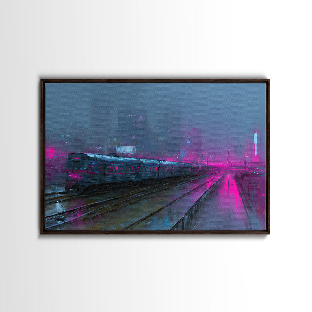 City Train Rushing Through Pink Electric Haze Canvas Print, Cyberpunk Art, Modern Wall Decor, Living Room Decor, Neon, CYB-3x2-41