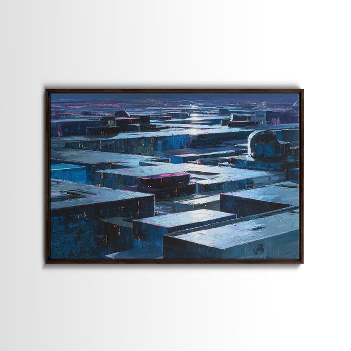 Dystopian Moon over Dense Rooftops Framed Canvas Print, Cyberpunk Art, Cyberpunk Decor, Living Room Decor, Fine Art, Neon, CYB-3x2-46