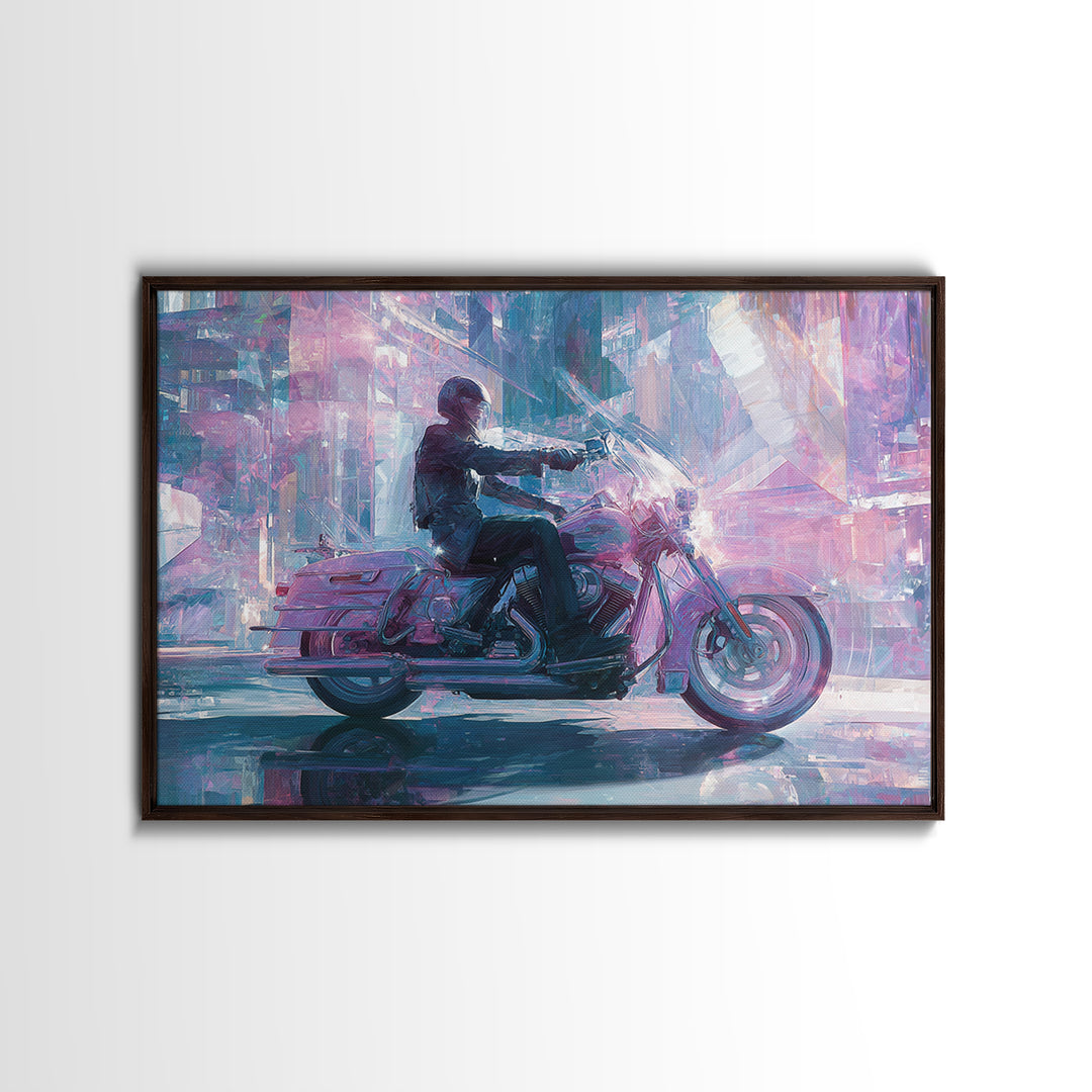 Motorcycle Rider under Holographic Signs Canvas Print, Cyberpunk Art, Room Decor, Living Room Decor, Neon 556, Cyberpunk, CYB-3x2-56