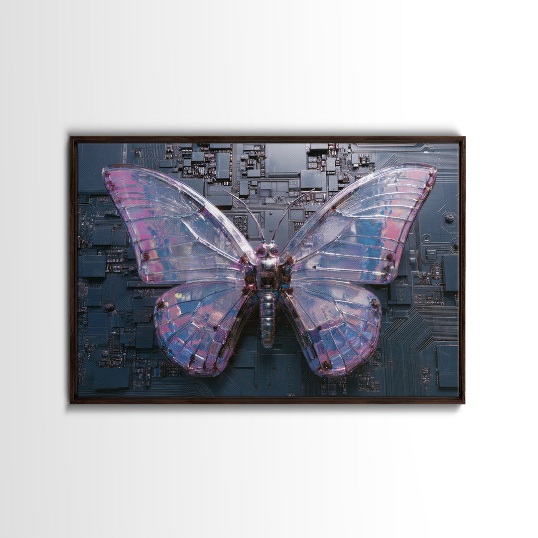 Holographic Butterfly over Black Metal Surface Framed Canvas Print, Cyberpunk Art, Modern Wall Decor, Living Room Decor, Neon, CYB-3x2-71