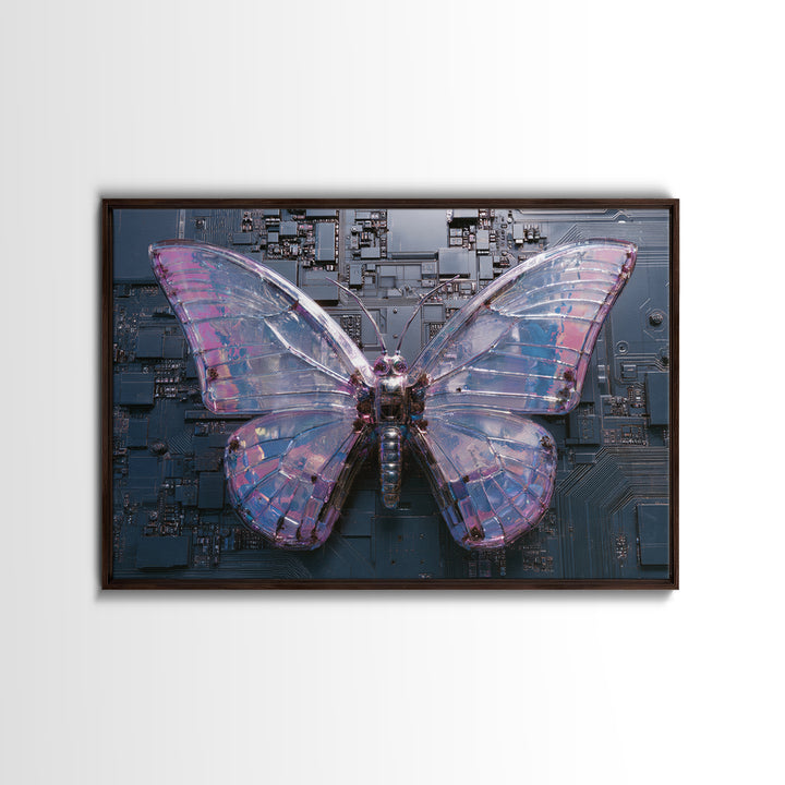 Holographic Butterfly over Black Metal Surface Framed Canvas Print, Cyberpunk Art, Modern Wall Decor, Living Room Decor, Neon, CYB-3x2-71