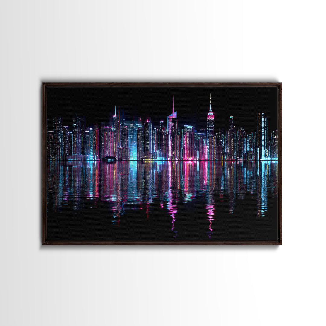Neon Skyline Reflected Framed Canvas Print, Cyberpunk Art, Man Cave Decor, Living Room Decor, Fine Art, Neon, Fine Art Print, CYB-3x2-74