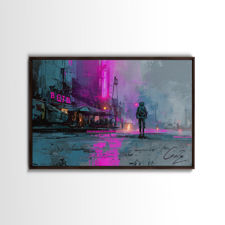 Astronaut Street Wanderer Canvas Print, Cyberpunk Art, Art Print, Living Room Decor, Neon, Blue Wall Art, Cool Wall Art, CYB-3x2-75