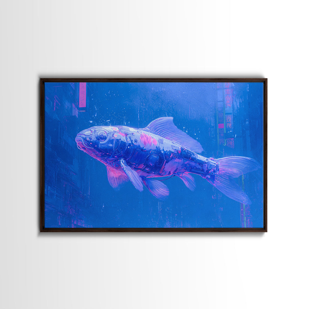 Cyberpunk Koi Swimming Through Electric Blue Water Framed Canvas Print, Cyberpunk Art, Fine Art Print, Living Room Decor, Neon, CYB-3x2-81