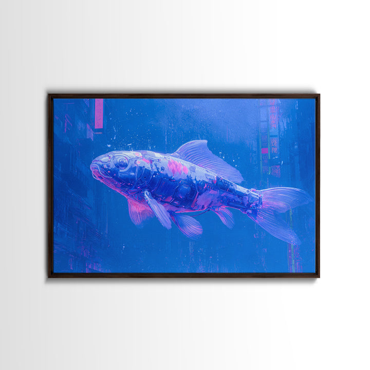 Cyberpunk Koi Swimming Through Electric Blue Water Framed Canvas Print, Cyberpunk Art, Fine Art Print, Living Room Decor, Neon, CYB-3x2-81
