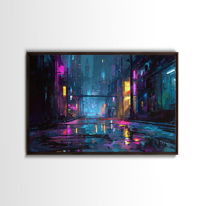 Rain Soaked Alley Canvas Print, Cyberpunk Art, Poster, Living Room Decor, Fine Art, Neon, Modern Wall Art, Japanese Art, CYB-3x2-84