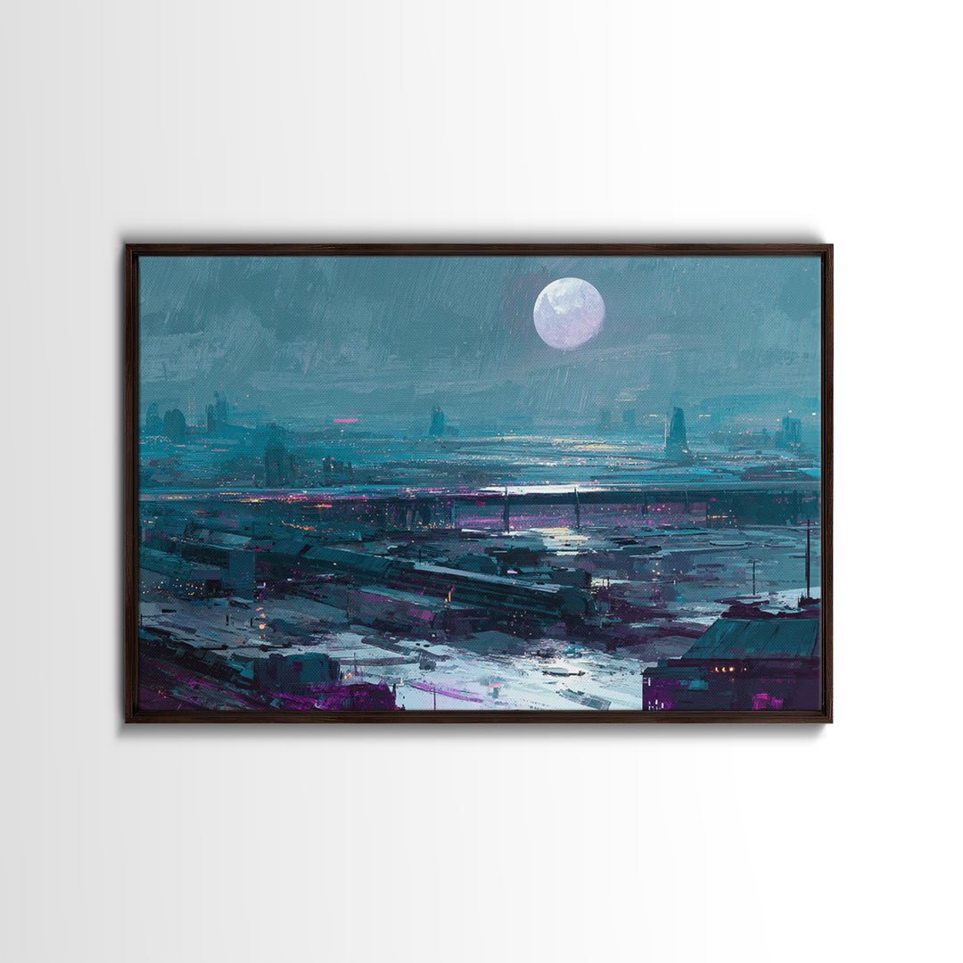 Dystopian Moon over Dense Rooftops Canvas Print, Cyberpunk Art, Cyberpunk Helmet, Living Room Decor, Abstract Art, Neon, CYB-3x2-94