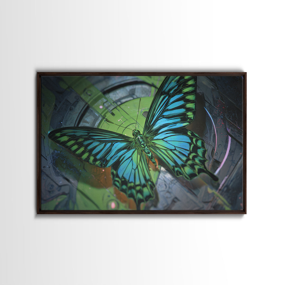 Holographic Butterfly over Black Metal Surface Framed Canvas Print, Cyberpunk Art, Gothic Decor, Living Room Decor, CYB-3x2-95