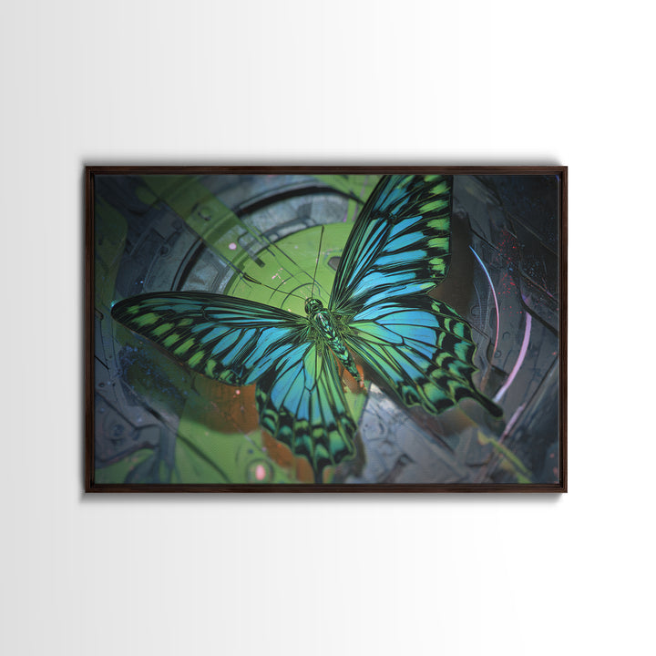 Holographic Butterfly over Black Metal Surface Framed Canvas Print, Cyberpunk Art, Gothic Decor, Living Room Decor, CYB-3x2-95