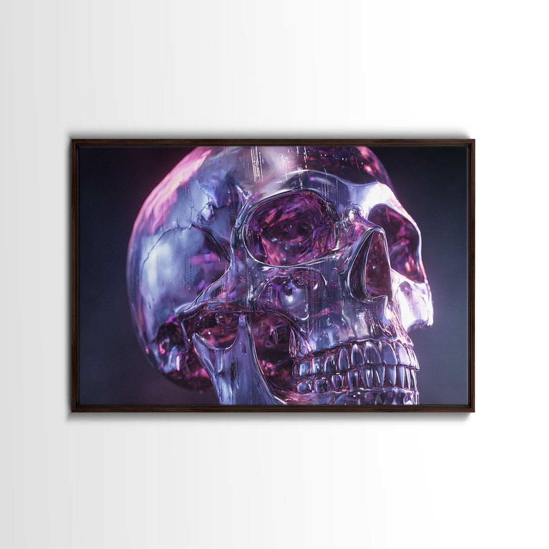 Cyberpunk Skull with Chrome and Violet Light Framed Canvas Print, Cyberpunk Art, Art Print, Living Room Decor, Fine Art, Neon, CYB-3x2-96