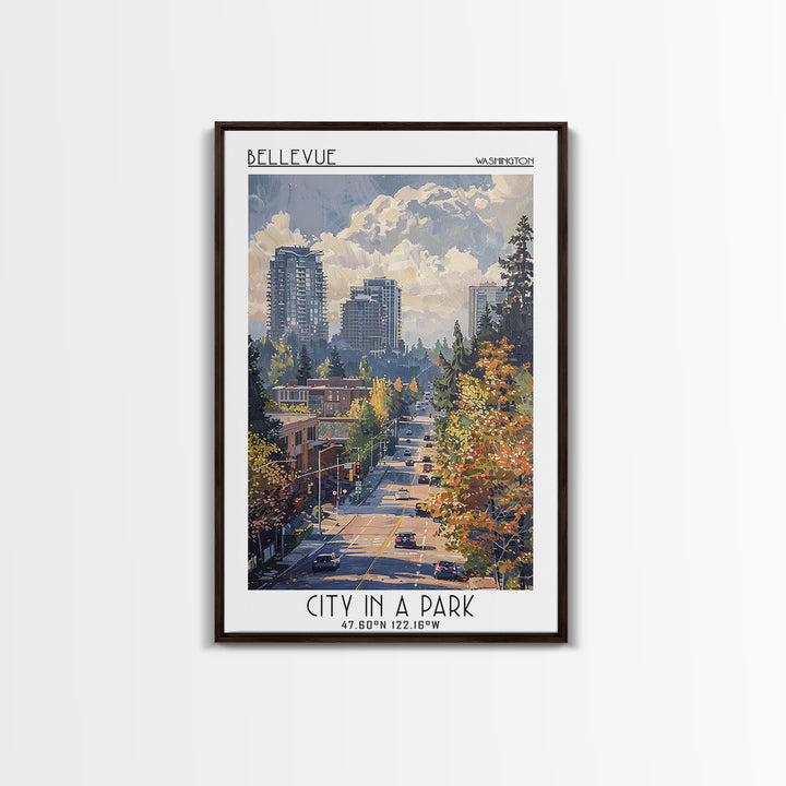 Bellevue Travel Poster, Framed Canvas Print, City Art Print, Travel Wall Art, Vintage Travel, Travel Art Print, Mid Century Wall Art