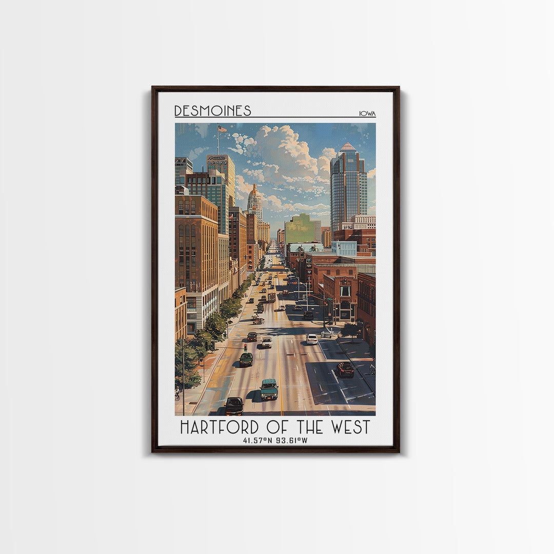 Des Moines Travel Poster, Framed Canvas Print, Travel Wall Decor, Minimalist Poster, Landscape Art, City Illustration, Travel Prints