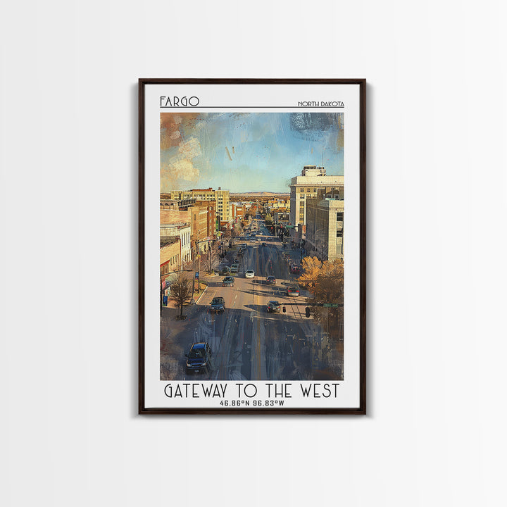 Fargo Travel Poster, Framed Canvas Print, Retro Travel Poster, City Wall Art, Travel Print, City Travel Poster, Watercolor Cityscape